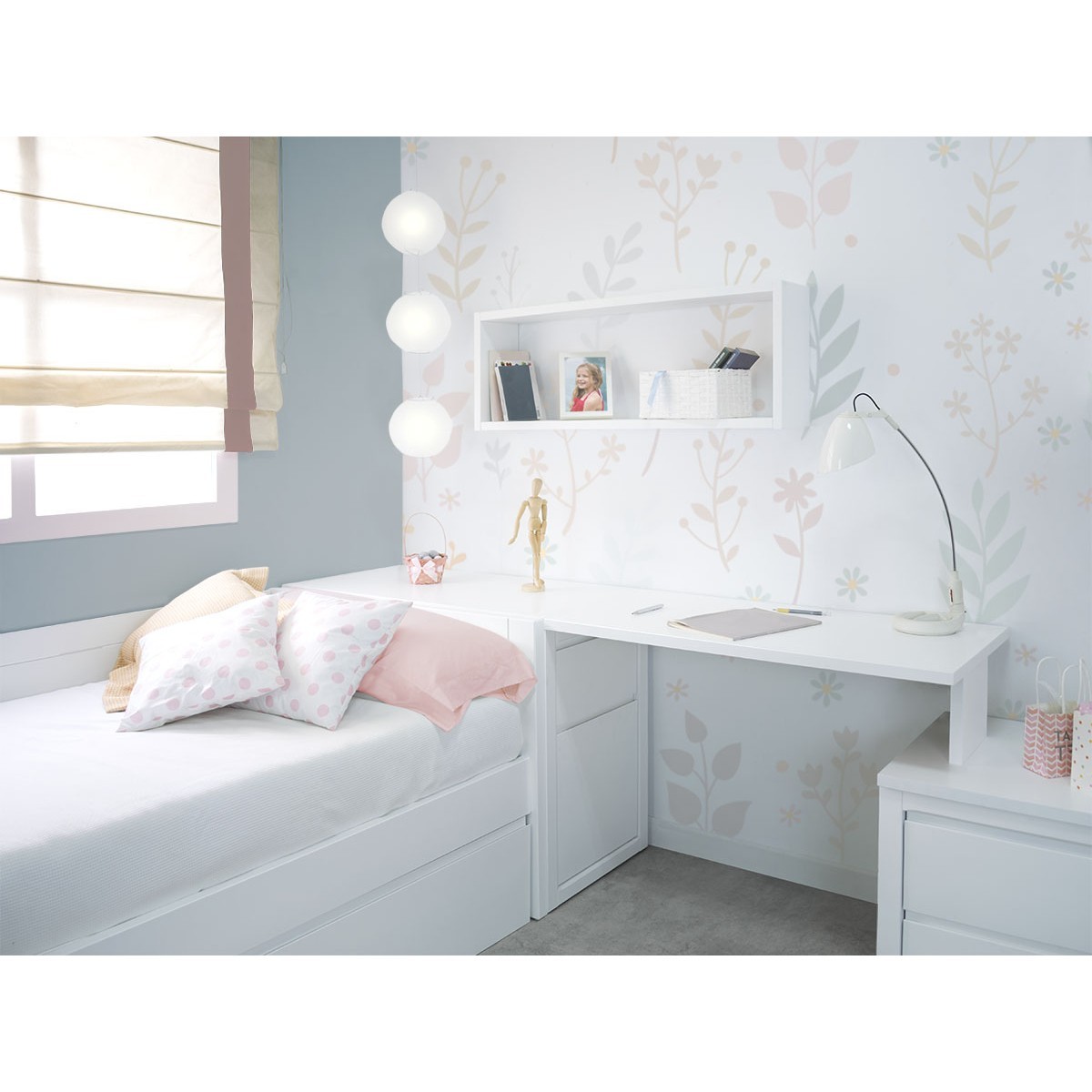 Chambre ado avec lit gigogne, armoire d'angle et bureau avec tiroirs