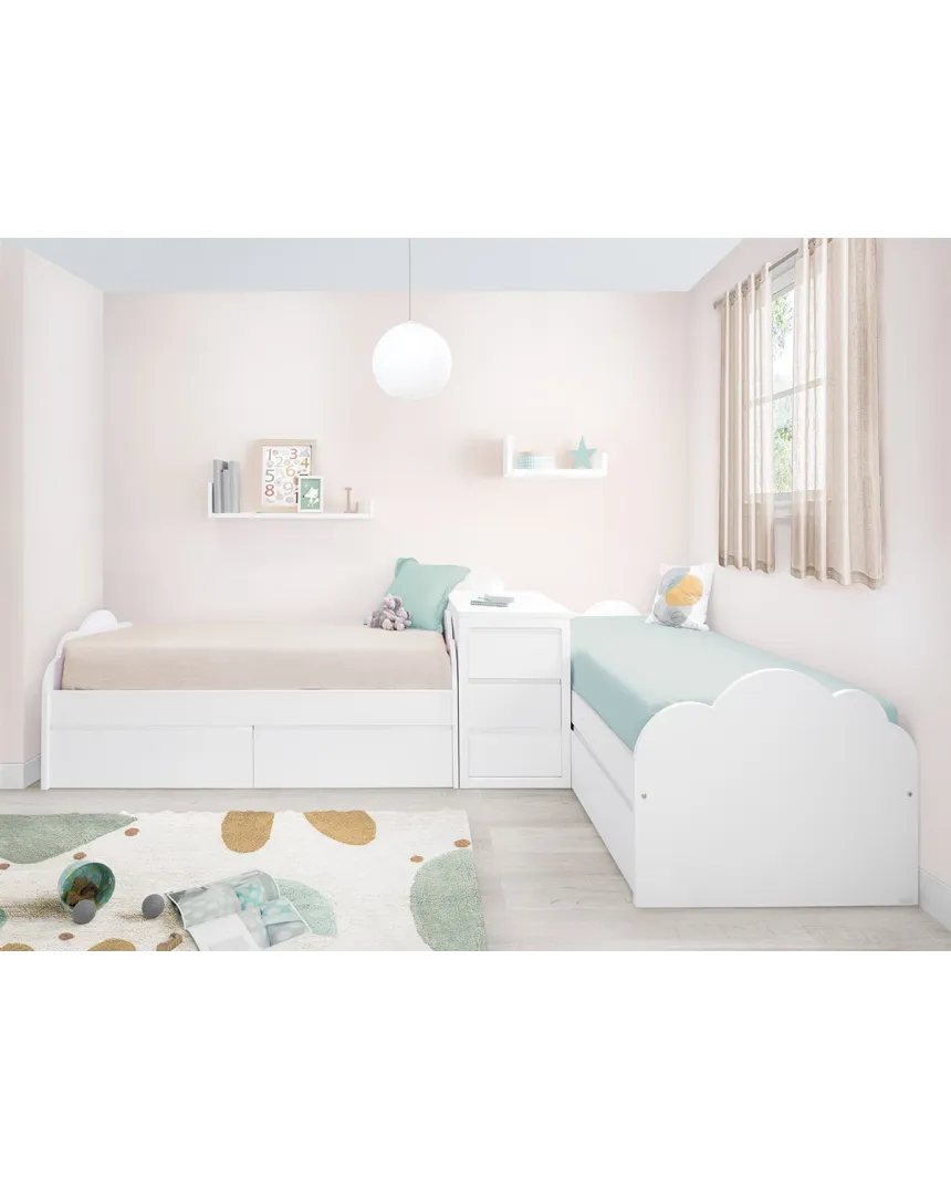 Lits enfant Nuage en L avec tiroirs et meuble de rangement