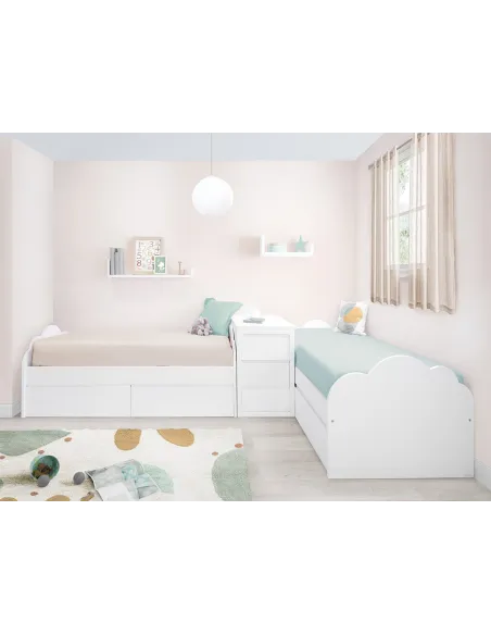 Lits enfant Nuage en L avec tiroirs et meuble de rangement