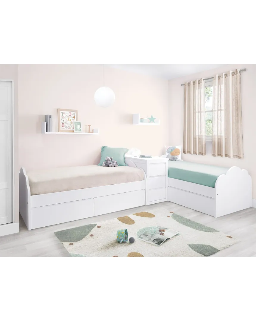 Lits enfant Nuage en L avec tiroirs et meuble de rangement 2