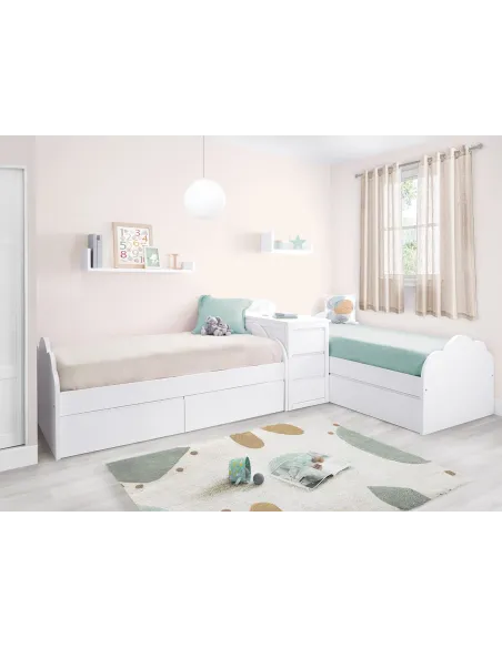 Lits enfant Nuage en L avec tiroirs et meuble de rangement