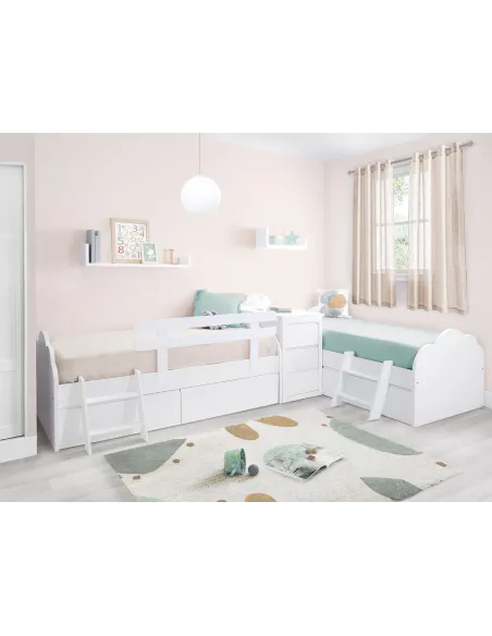 Lits enfant Nuage en L avec tiroirs et meuble de rangement