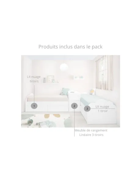 Lits enfant Nuage en L avec tiroirs et meuble de rangement