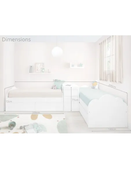 Lits enfant Nuage en L avec tiroirs et meuble de rangement