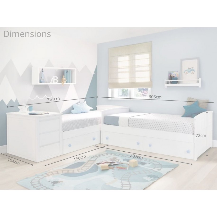 Dimensions lits Courbe avec tiroirs en L et meuble de rangement