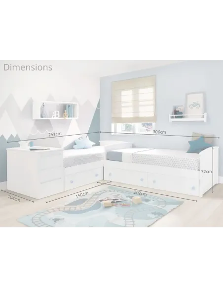 Dimensions lits Courbe avec tiroirs en L et meuble de rangement