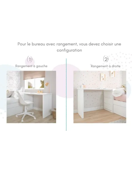 Configuration bureau de la chambre ado avec coin bureau et étagères de rangement. Linéaire