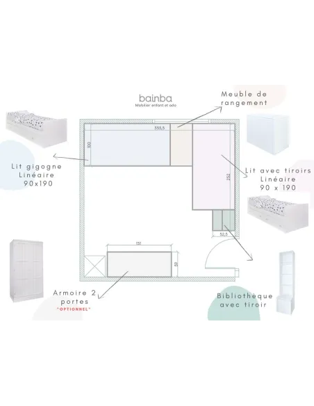 Chambre 2 enfants Linéaire avec bibliotheque