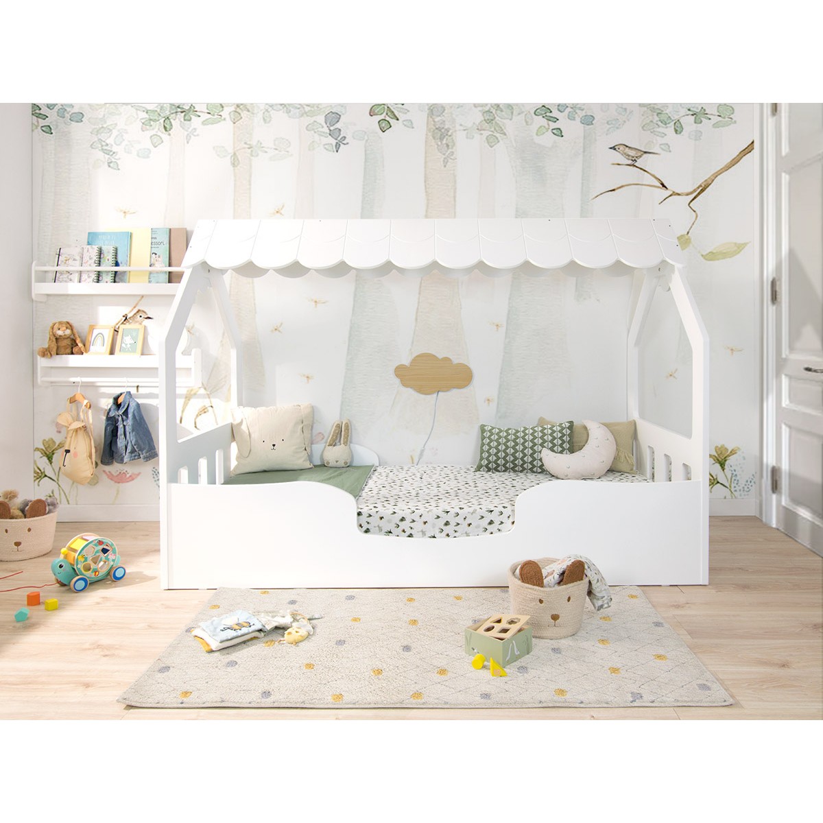 Lit montessori cabane pour enfant 70x140 cm blanc tiroir - Ciel