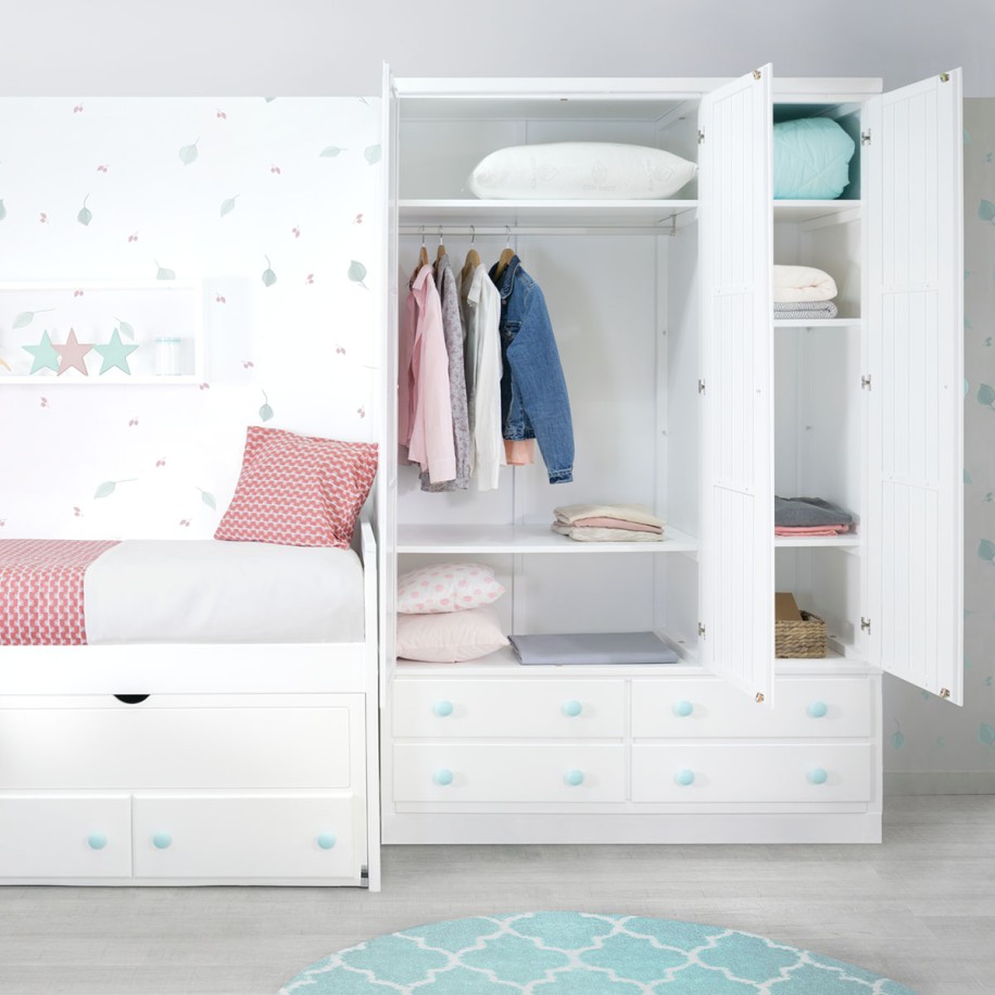 Chambre enfant avec lit 2 couchages et armoire 5 étagères Linéaire