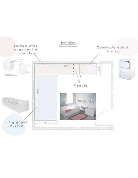Plan chambre ado fille moderne Corail - Linéaire