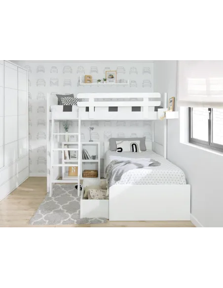 Lit superposé en L avec lit avec tiroirs blanc pied bas