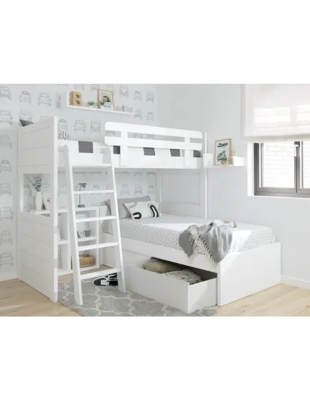 Lit superposé en L avec lit avec tiroirs blanc pied bas