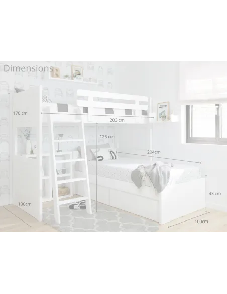 Dimensions lit superposé en L avec lit avec tiroirs blanc pied bas