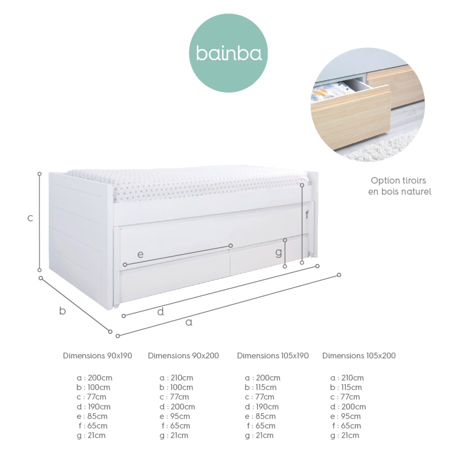 	Dimensions Lit gigogne avec tiroirs Linéaire blanc et bois