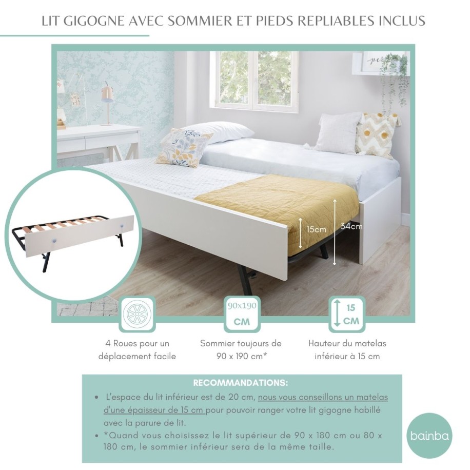 Lit gigogne ado Blanc - Pied Bas