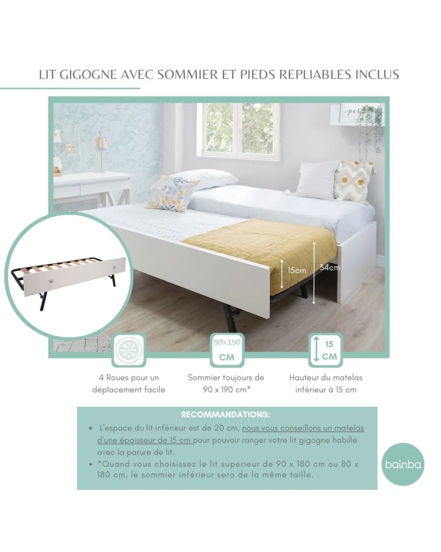 Sommier gigogne 90x190 avec façade