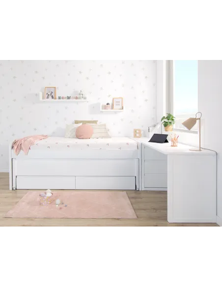 Chambre ado avec lit gigogne avec tiroirs compact et bureau