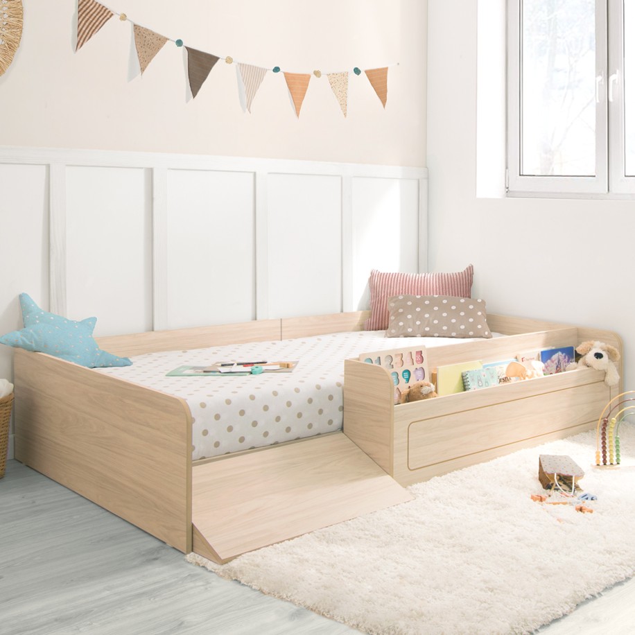 Lit montessori avec rangement et rampe 90x190 - Basique