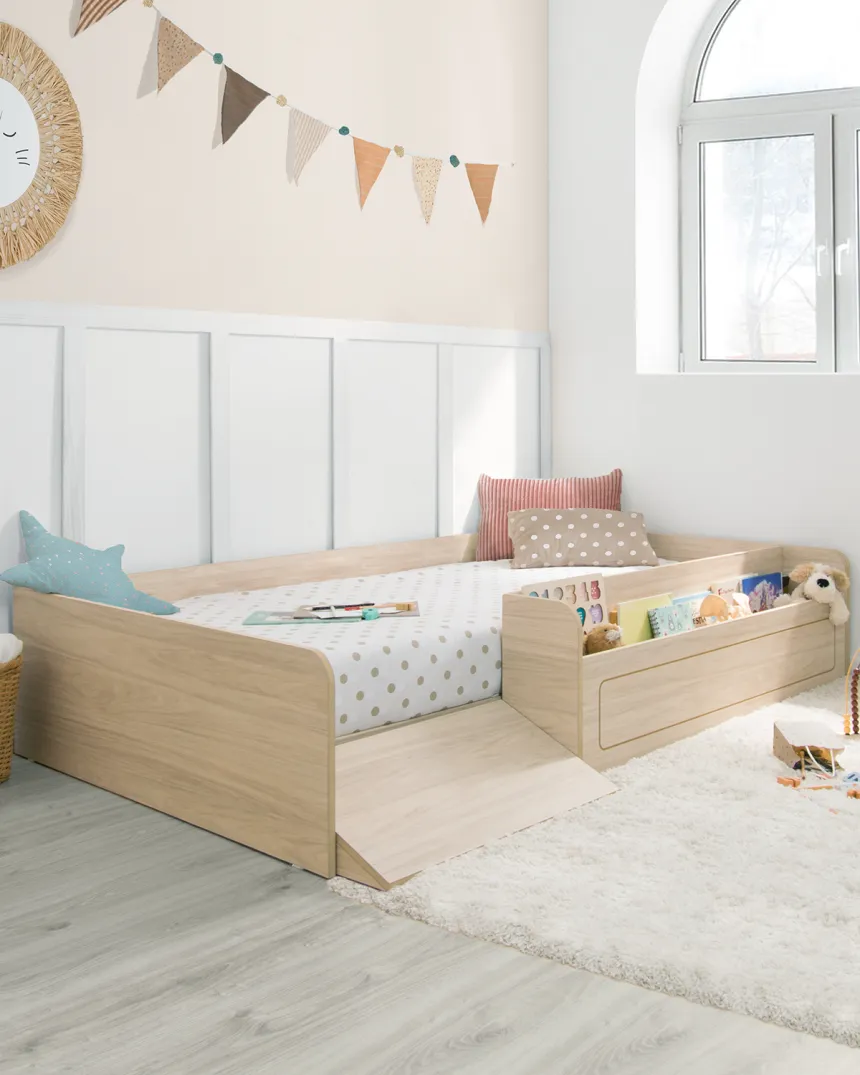 Lit montessori bois avec rangement et rampe | Livraison rapide