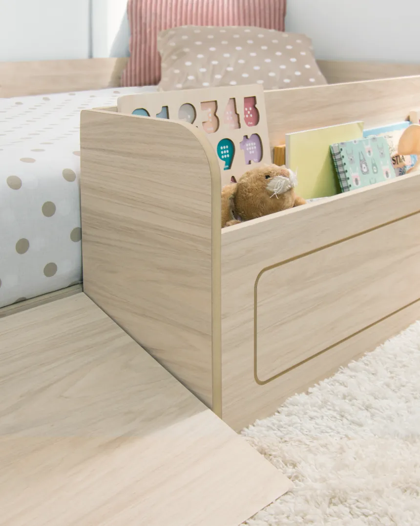 Lit montessori bois avec rangement et rampe | Livraison rapide