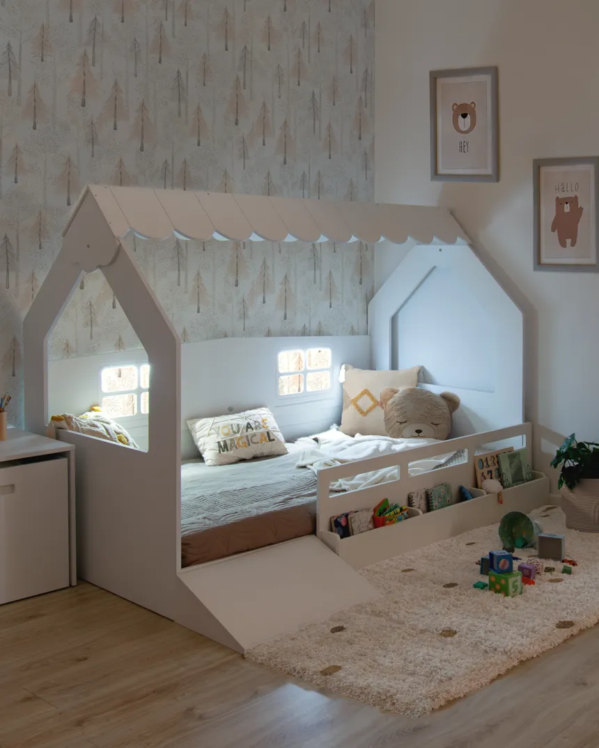 Lit cabane montessori 90x190 avec rangement & rampe |Livraison rapide 2