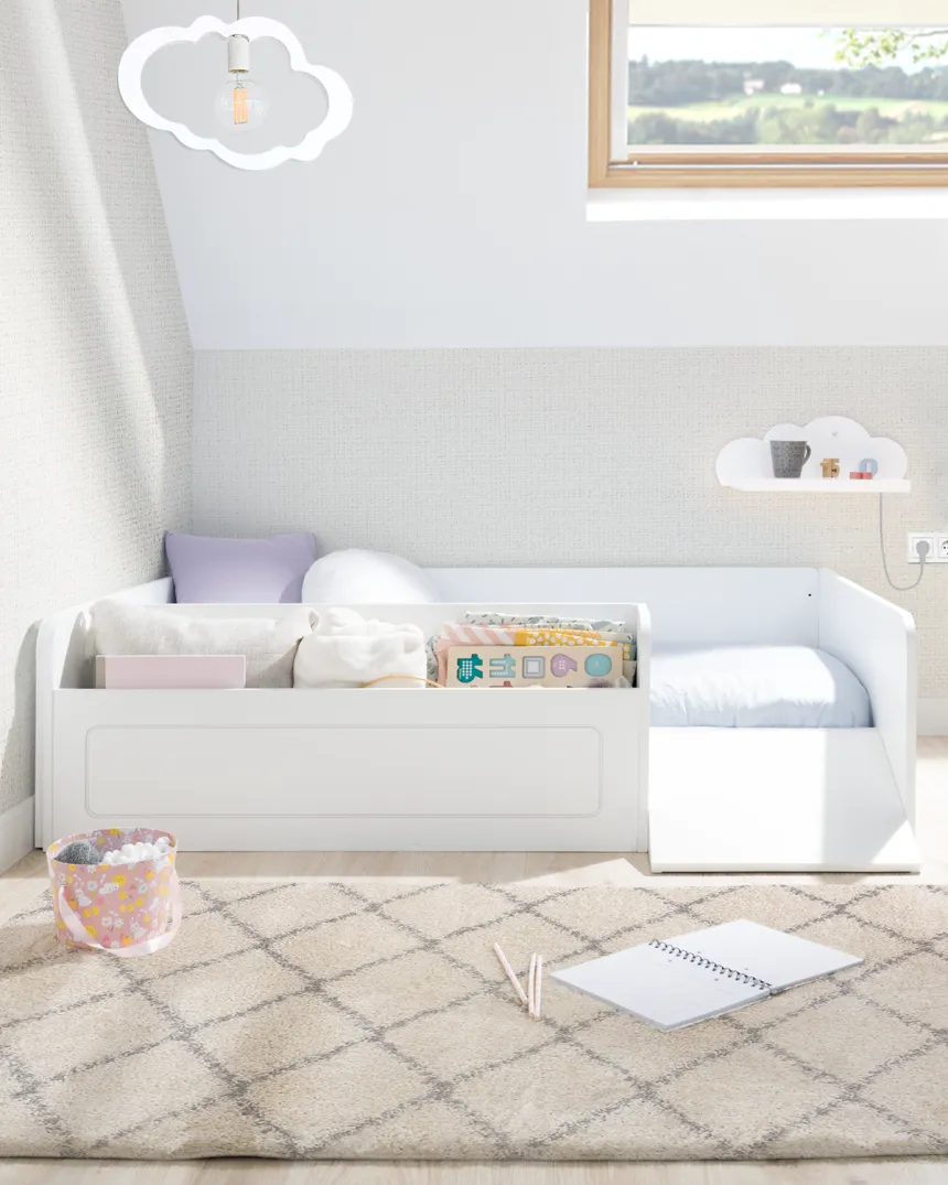 Lit montessori avec rangement et rampe - Livraison rapide