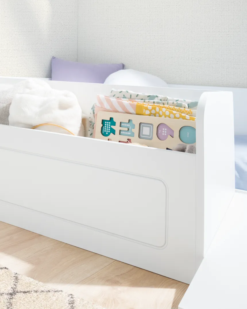 Lit montessori avec rangement et rampe - Livraison rapide