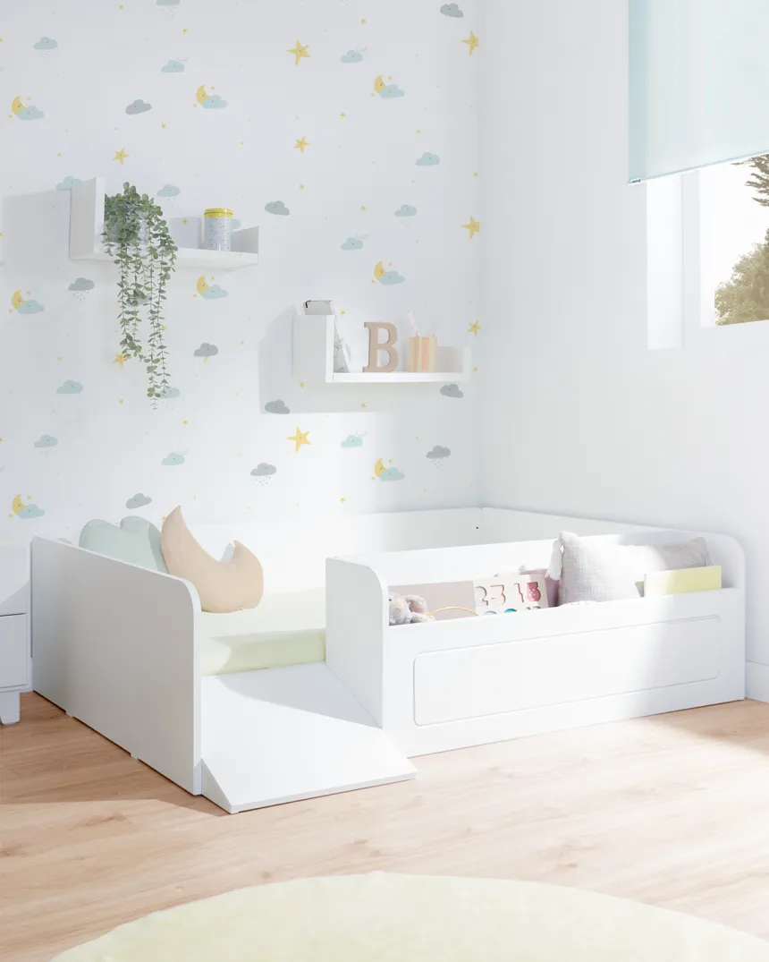 Lit montessori avec rangement et rampe - Livraison rapide