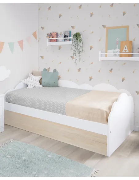 Lit gigogne enfant blanc et bois Nuage - Livraison rapide