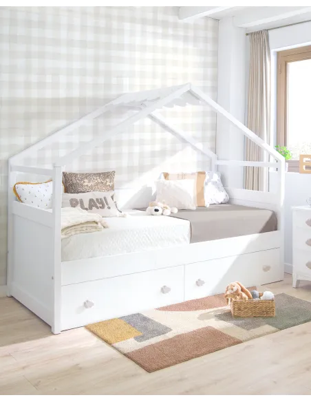 Lit Cabane avec tiroirs de rangement blanc. Toit.