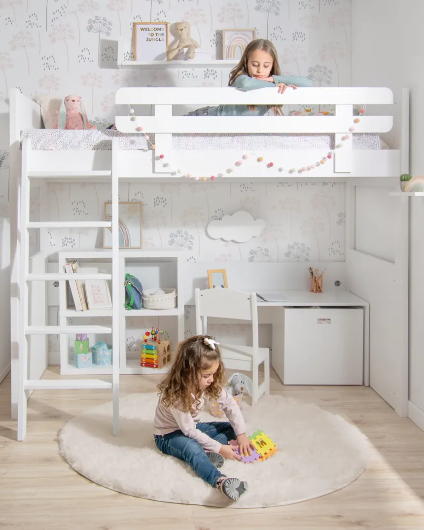 Lit mezzanine enfant, 90 x 200 cm, avec tiroirs et bureau sous le lit