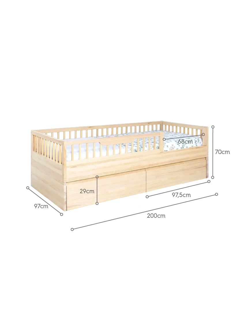Dimensions lit évolutif Sofia Naturel avec kit deux tiroirs