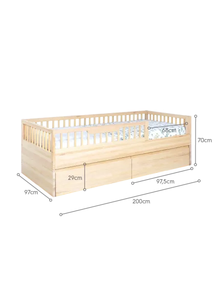Dimensions lit évolutif Sofia Naturel avec kit deux tiroirs