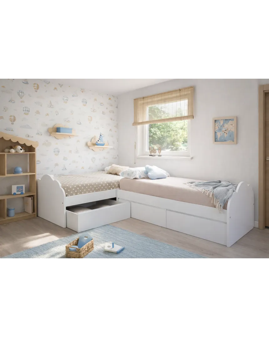 Lit enfant Nuage en L avec tiroirs – Pack 2 lits 90x190
