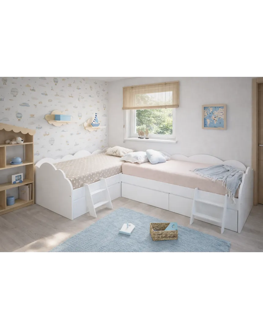 Lit enfant Nuage en L avec tiroirs – Pack 2 lits 90x190 et échelles optionnelles