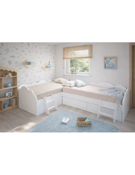 Lit enfant Nuage en L avec tiroirs – Pack 2 lits 90x190 et échelles optionnelles