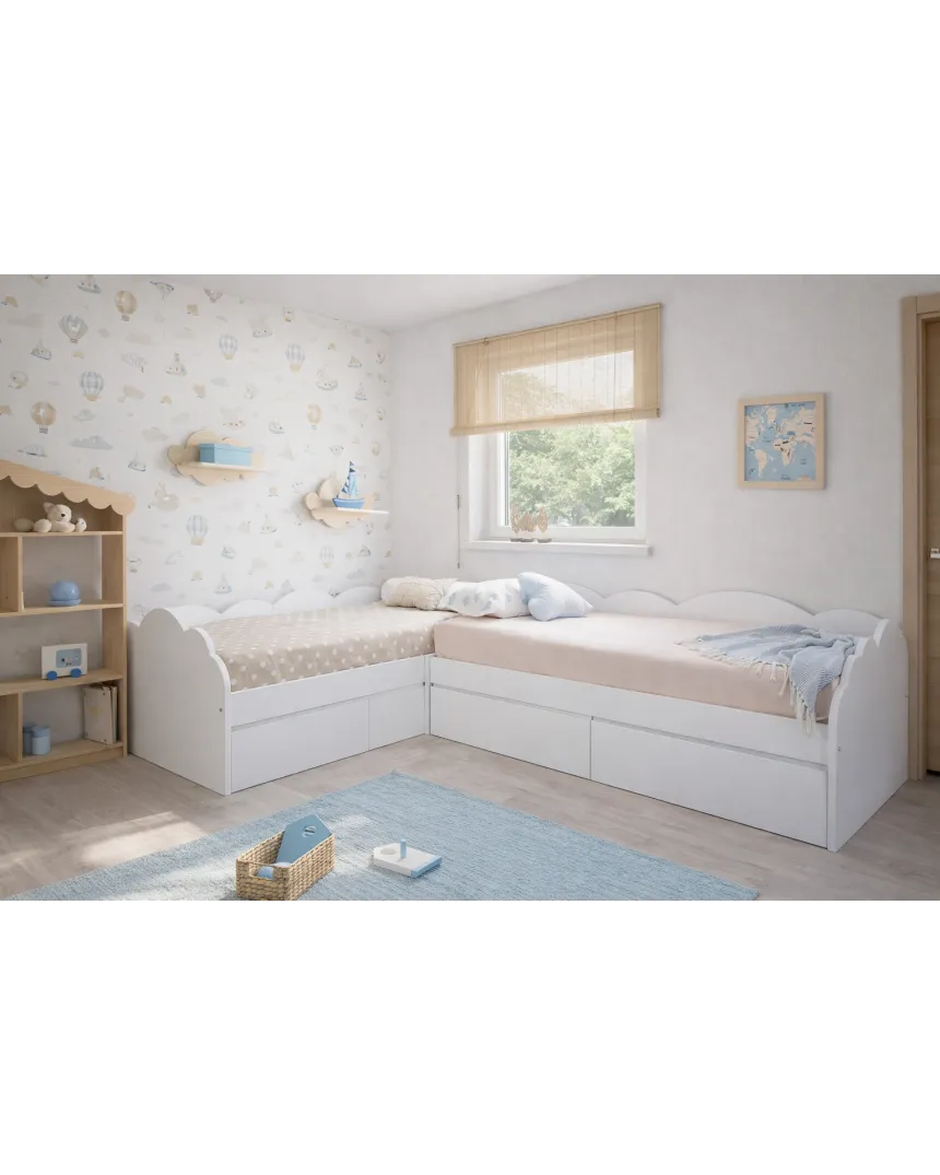 Lit enfant Nuage en L avec tiroirs – Pack 2 lits 90x190