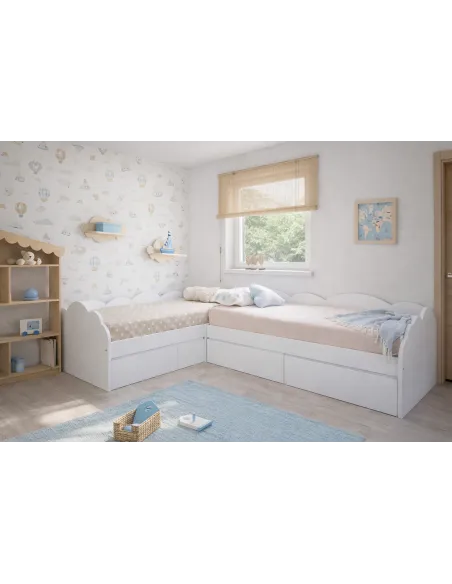 Lit enfant Nuage en L avec tiroirs – Pack 2 lits 90x190