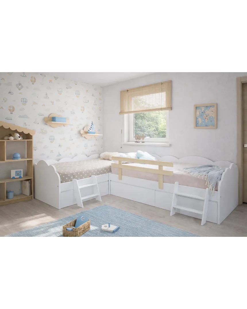 Lit enfant Nuage en L avec tiroirs – Pack 2 lits 90x190 avec barrière et échelles optionnelles