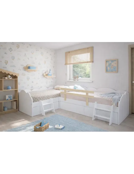 Lit enfant Nuage en L avec tiroirs – Pack 2 lits 90x190 avec barrière et échelles optionnelles