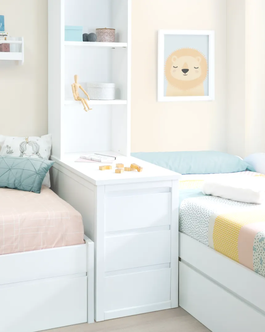 2 Lits enfant Nuage en L avec tiroirs, étagères et rangement. Zoom meuble de rangement
