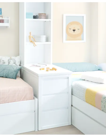 2 Lits enfant Nuage en L avec tiroirs, étagères et rangement. Zoom meuble de rangement