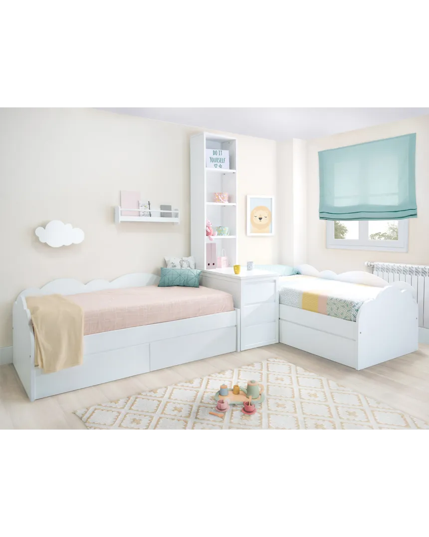 Lit enfant Nuage en L avec tiroirs, étagères et rangement - 2 lits