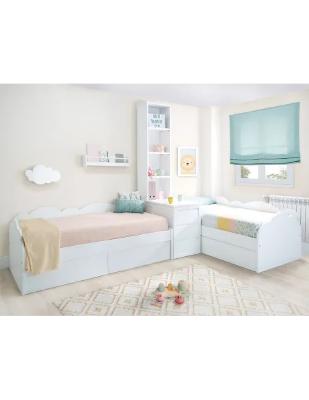 Lit enfant Nuage en L avec tiroirs, étagères et rangement - 2 lits