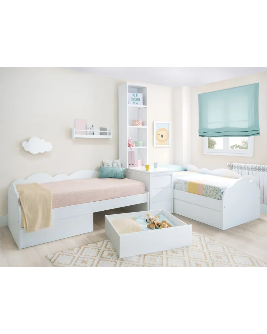 Lit enfant Nuage en L avec tiroirs, étagères et rangement - 2 lits 2