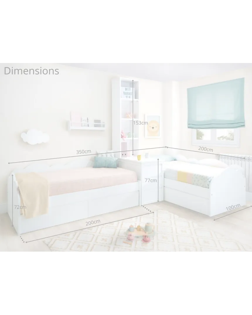 Pack lit enfant Nuage en L avec tiroirs, étagères et rangement |2 lits