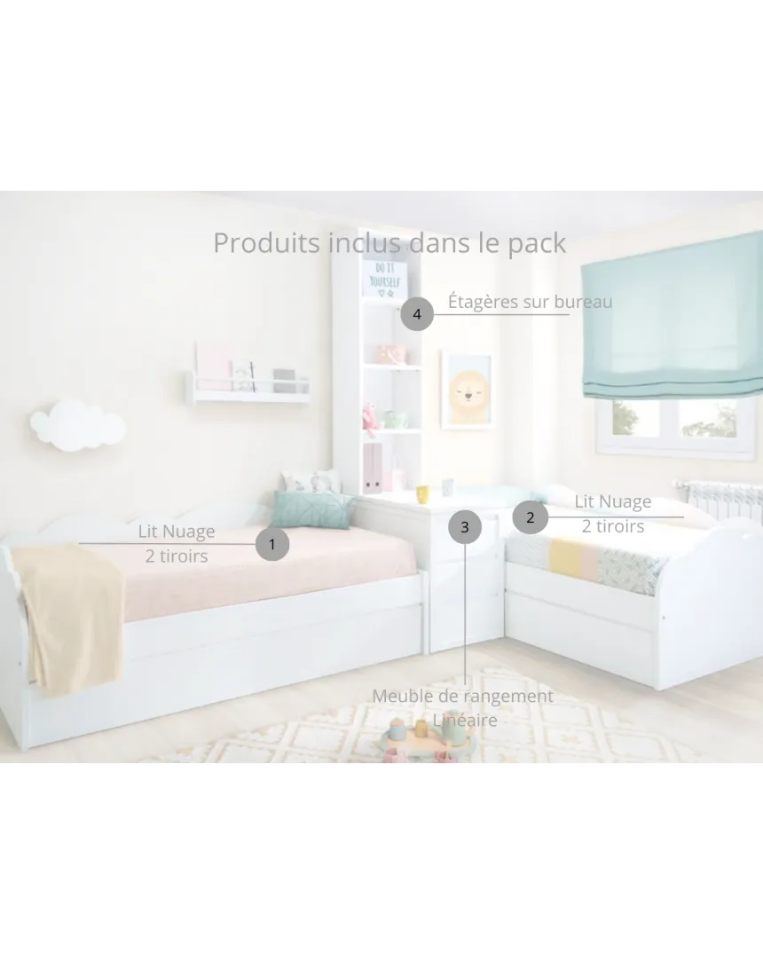 Détail pack 2 Lits enfant Nuage en L avec tiroirs, étagères et rangement