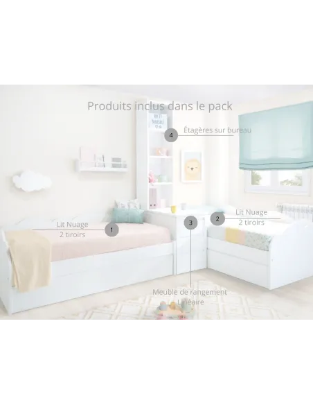 Détail pack 2 Lits enfant Nuage en L avec tiroirs, étagères et rangement