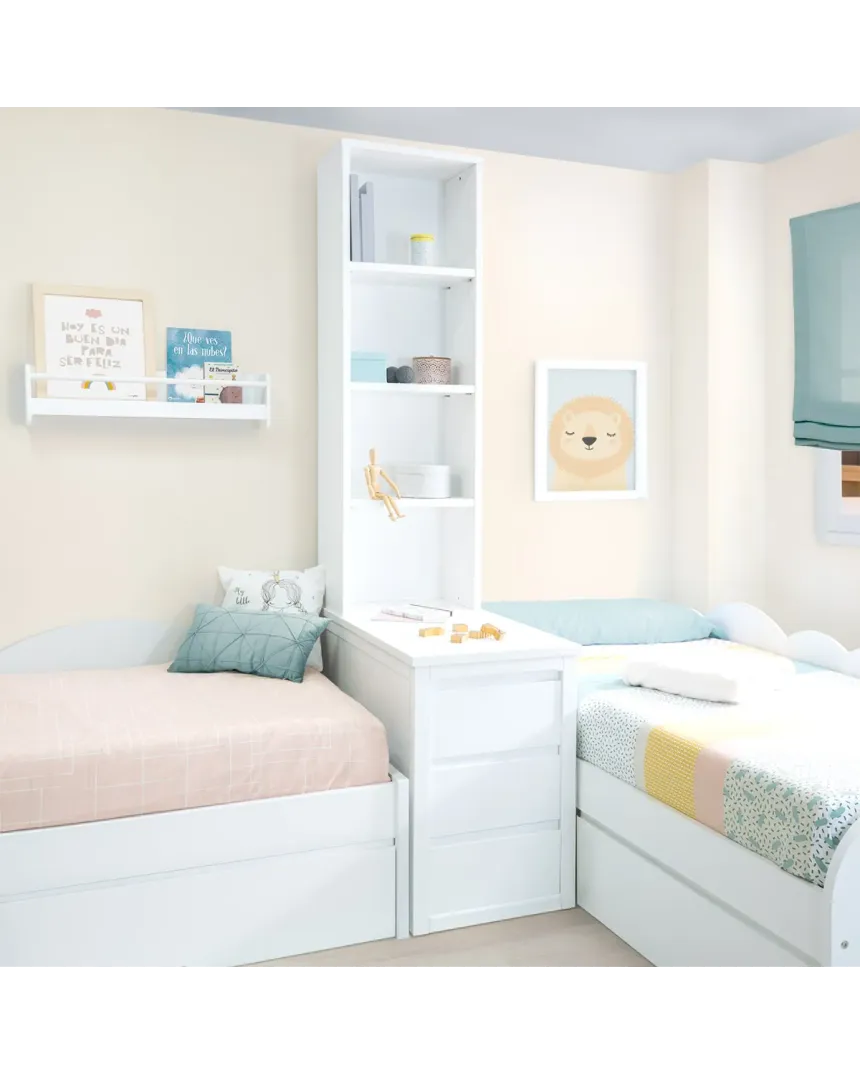 2 Lits enfant Nuage en L avec tiroirs, étagères et rangement